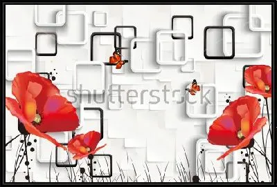 Картина Яркий коллаж с красными маками, бабочками и квадратами