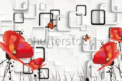 Плакат Яркий коллаж с красными маками, бабочками и квадратами
