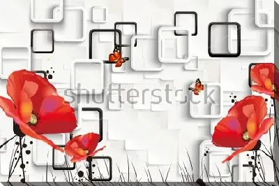 Постер Яркий коллаж с красными маками, бабочками и квадратами