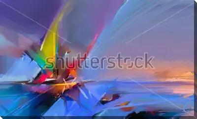 Картина маслом Яркий абстрактный пейзаж - парусник в море во время заката