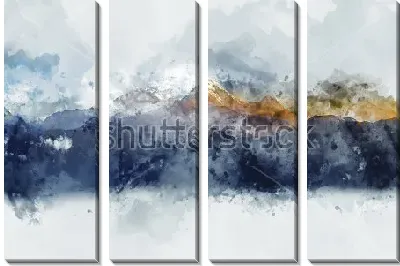 Модульная картина Акварельный пейзаж с горными хребтами в утреннем свете