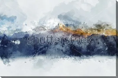 Постер Акварельный пейзаж с горными хребтами в утреннем свете