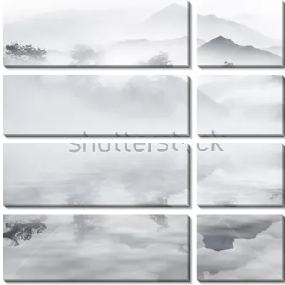 Монохромный пейзаж с туманом в горах и отражением в озере