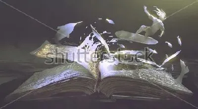 Плакат Смелый-сёрфер мчится по страницам волшебной книги с золотыми буквами