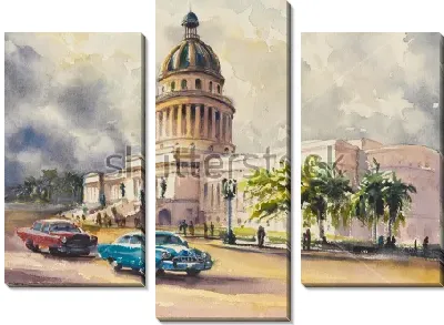 Пейзаж с автомобилями перед зданием Капитолия в Гаване (Куба)