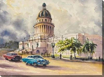 Пейзаж с автомобилями перед зданием Капитолия в Гаване (Куба)