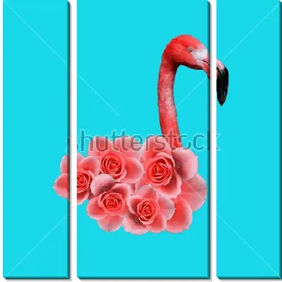 Модульная картина Коллаж с головой розового фламинго, розовыми цветами на голубом фоне