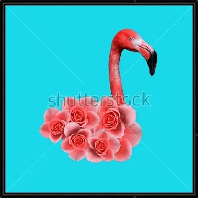 Картина Коллаж с головой розового фламинго, розовыми цветами на голубом фоне