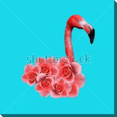 Постер Коллаж с головой розового фламинго, розовыми цветами на голубом фоне