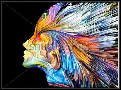 Разноцветный профиль лица с волосами в виде струящихся линий на чёрном фоне