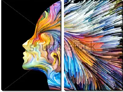 Разноцветный профиль лица с волосами в виде струящихся линий на чёрном фоне