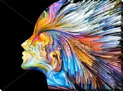 Разноцветный профиль лица с волосами в виде струящихся линий на чёрном фоне