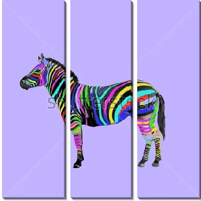 Модульная картина Зебра с разноцветными полосами на светло-сиреневом фоне