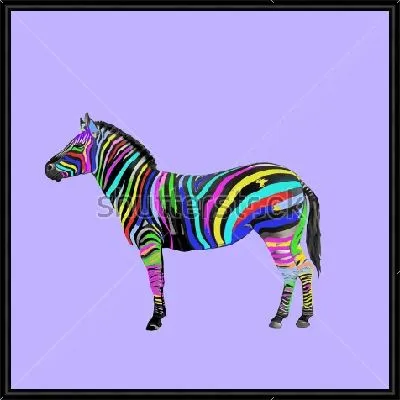 Зебра с разноцветными полосами на светло-сиреневом фоне