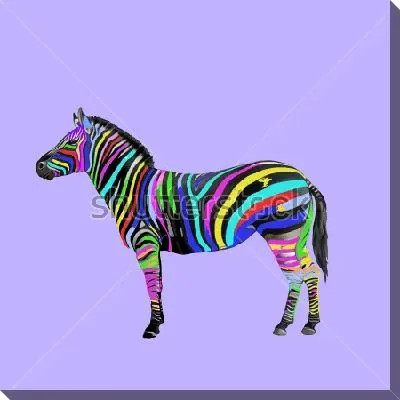 Зебра с разноцветными полосами на светло-сиреневом фоне