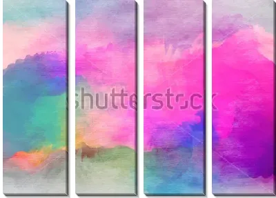 Модульная картина Рассвет в туманном лесу - яркое сочетание оттенков пурпурного, синего, зелёного и жёлтого цветов