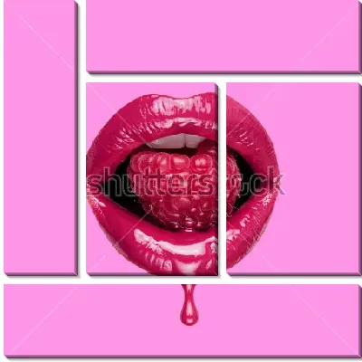 Модульная картина Яркий коллаж с ягодой сочной малины во рту