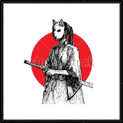 Девушка-самурай в маске с мечом на фоне красного круга