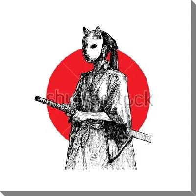 Девушка-самурай в маске с мечом на фоне красного круга