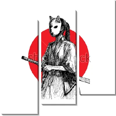 Девушка-самурай в маске с мечом на фоне красного круга