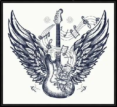 Красивый коллаж с крылатой гитарой и музыкальными знаками