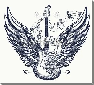 Красивый коллаж с крылатой гитарой и музыкальными знаками