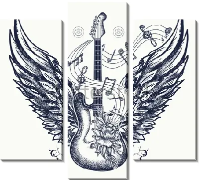 Красивый коллаж с крылатой гитарой и музыкальными знаками