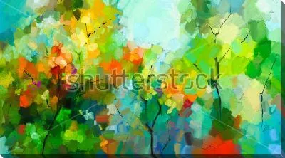 Картина маслом Красочный пейзаж с разноцветными деревьями первых дней осени