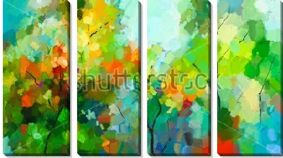 Красочный пейзаж с разноцветными деревьями первых дней осени