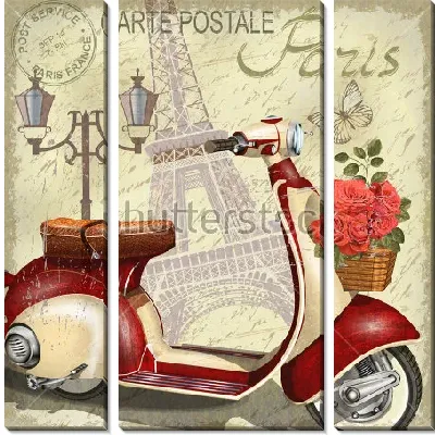 Модульная картина Постер о Париже в винтажном стиле - мотоцикл с цветочной корзиной на фоне фонаря и Эйфелевой башни