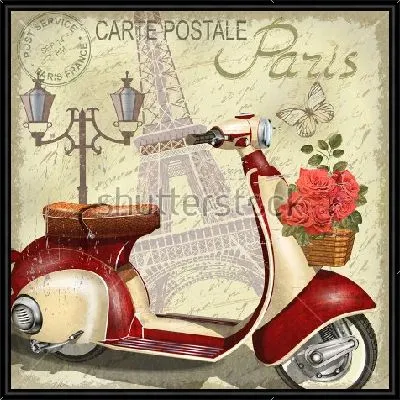 Картина Постер о Париже в винтажном стиле - мотоцикл с цветочной корзиной на фоне фонаря и Эйфелевой башни
