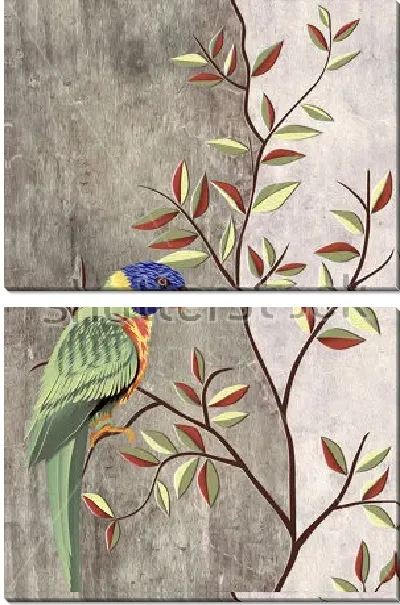 Модульная картина Красивый яркий попугай на ветке молодого деревца