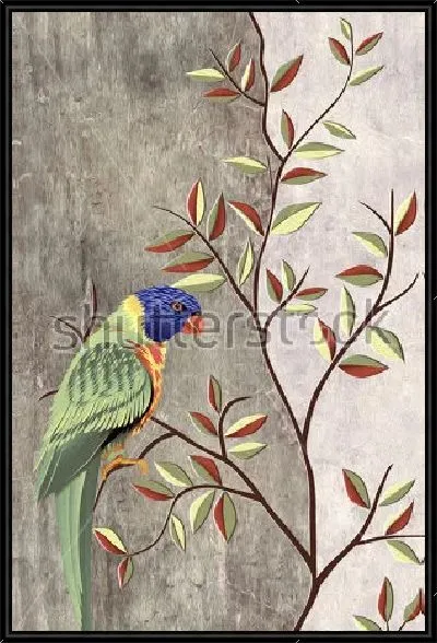 Картина Красивый яркий попугай на ветке молодого деревца