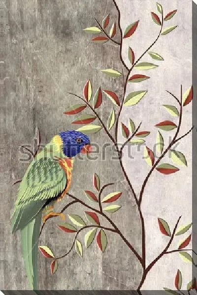 Постер Красивый яркий попугай на ветке молодого деревца