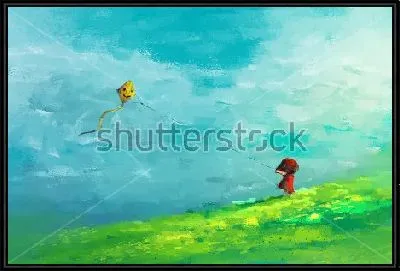 Картина Девочка на зелёной поляне с жёлтым воздушным змеем 