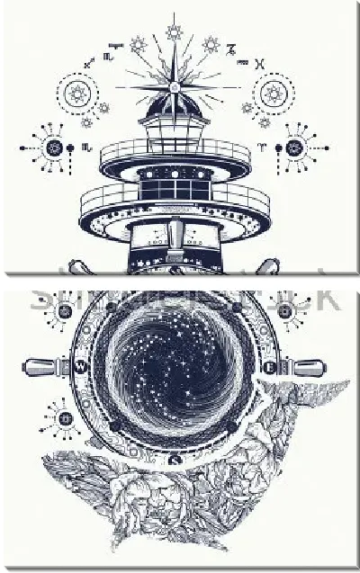 Модульная картина Коллаж на тему морских путешествий с маяком, штурвалом и китом 