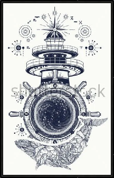 Картина Коллаж на тему морских путешествий с маяком, штурвалом и китом 