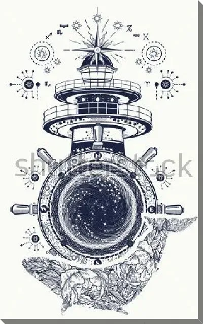 Постер Коллаж на тему морских путешествий с маяком, штурвалом и китом 