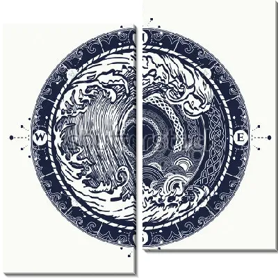 Модульная картина Коллаж с большой волной в круге компаса и этническим орнаментом