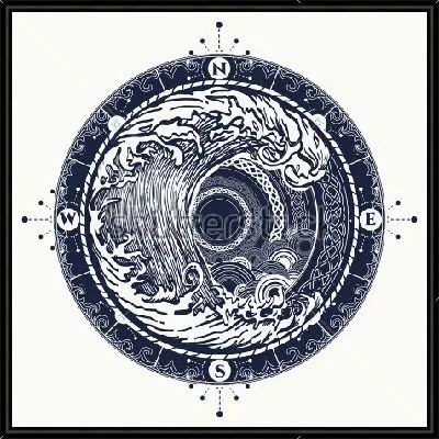 Картина Коллаж с большой волной в круге компаса и этническим орнаментом