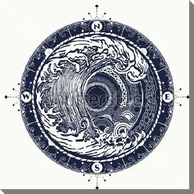 Постер Коллаж с большой волной в круге компаса и этническим орнаментом