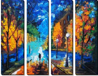 Модульная картина Освещённая фонарями осенняя аллея после дождя