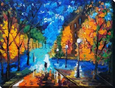 Освещённая фонарями осенняя аллея после дождя