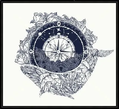 Картина Коллаж с компасом и китом из цветов