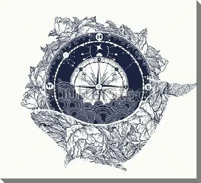 Коллаж с компасом и китом из цветов