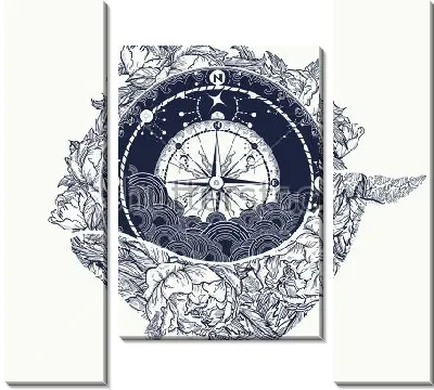 Коллаж с компасом и китом из цветов