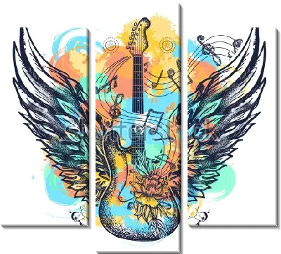 Модульная картина Красочный коллаж с крылатой гитарой, музыкальными знаками на фоне брызг и пятен акварельной краски