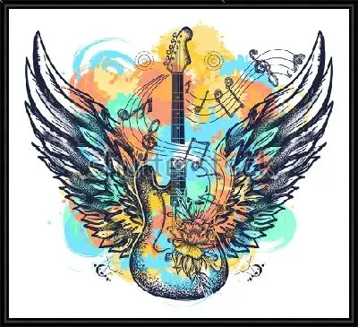 Картина Красочный коллаж с крылатой гитарой, музыкальными знаками на фоне брызг и пятен акварельной краски