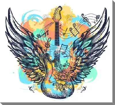 Постер Красочный коллаж с крылатой гитарой, музыкальными знаками на фоне брызг и пятен акварельной краски