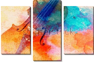 Модульная картина Скрипка на фоне разноцветных акварельных пятен и брызг